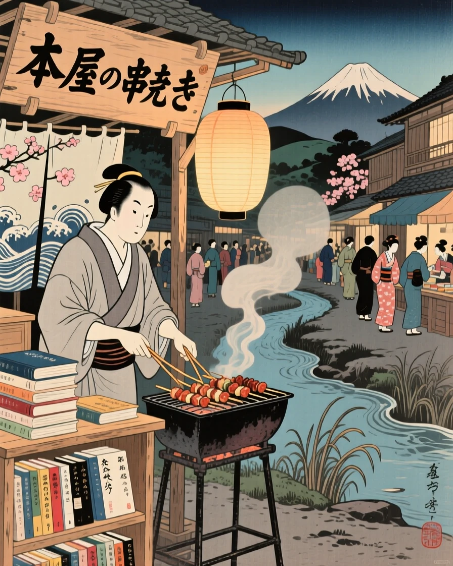 A bookseller grilling skewers at a bustling night market.