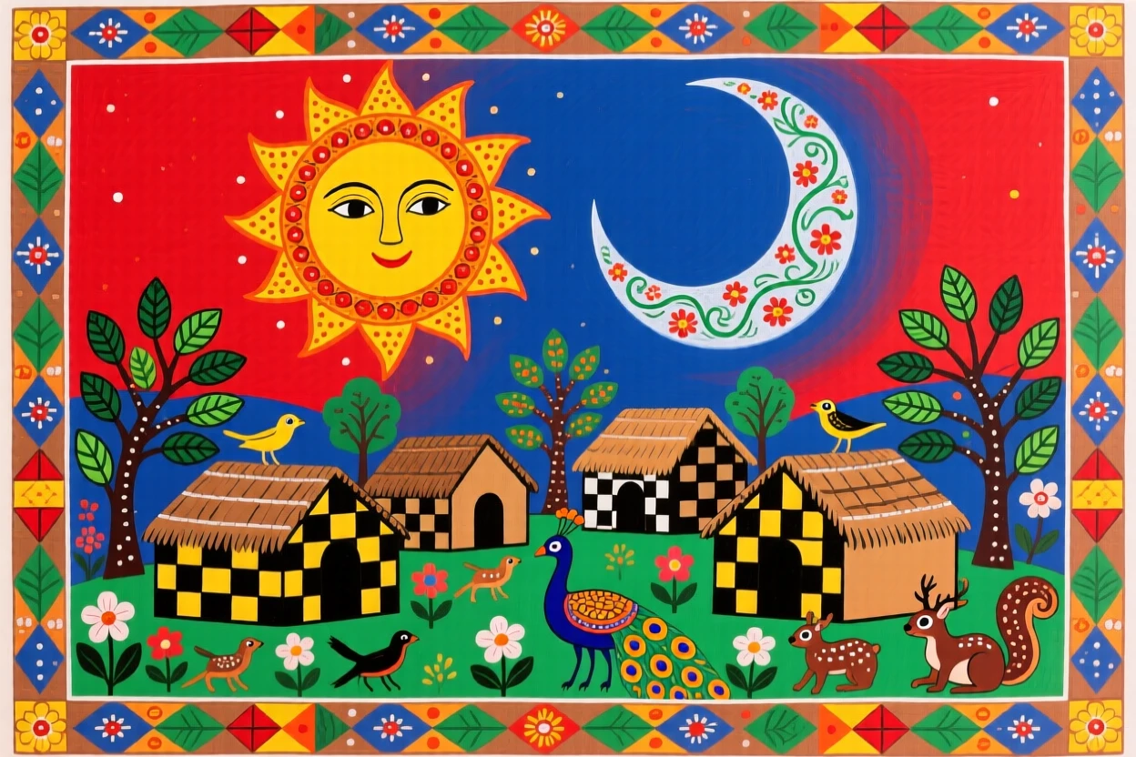 The sun and moon shining together above a peaceful sleeping village.