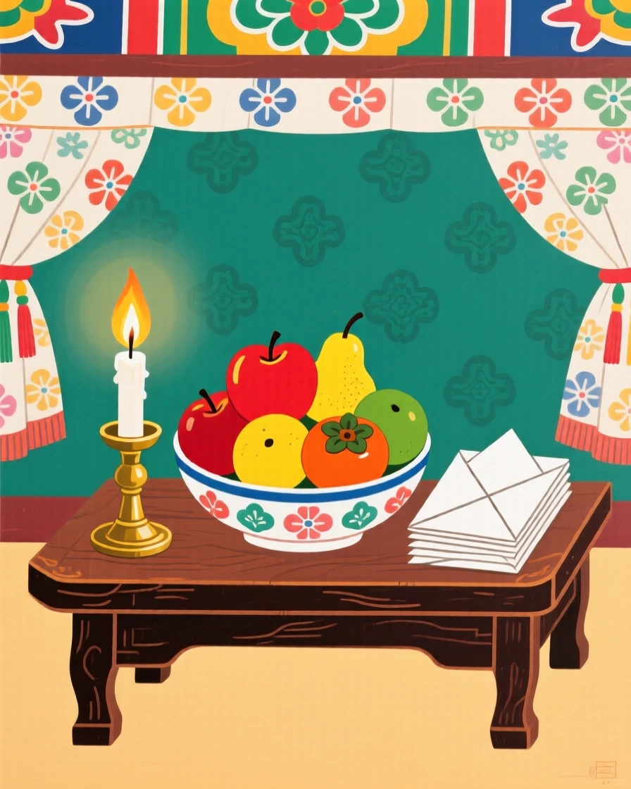 A small shrine with a single candle, a bowl of fruit, and folded paper offerings.