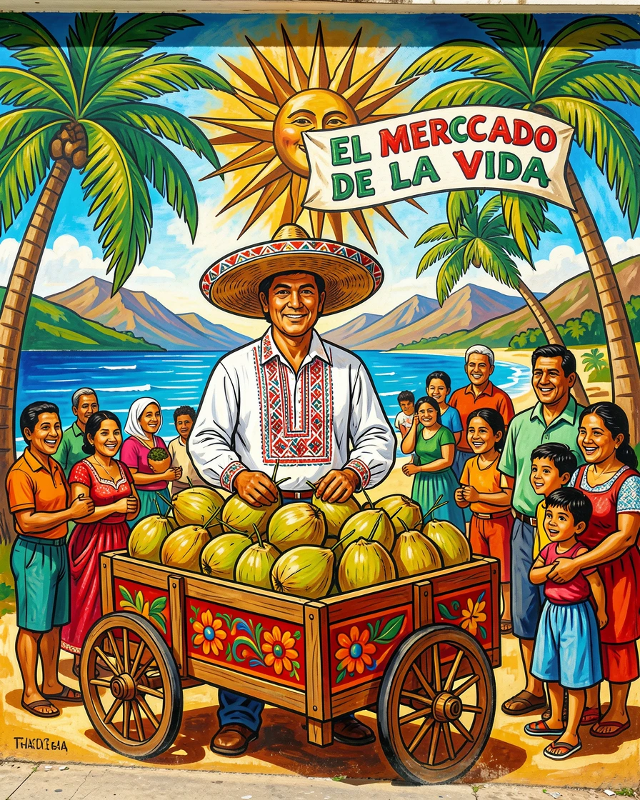 A vendor selling fresh coconuts on a tropical beach