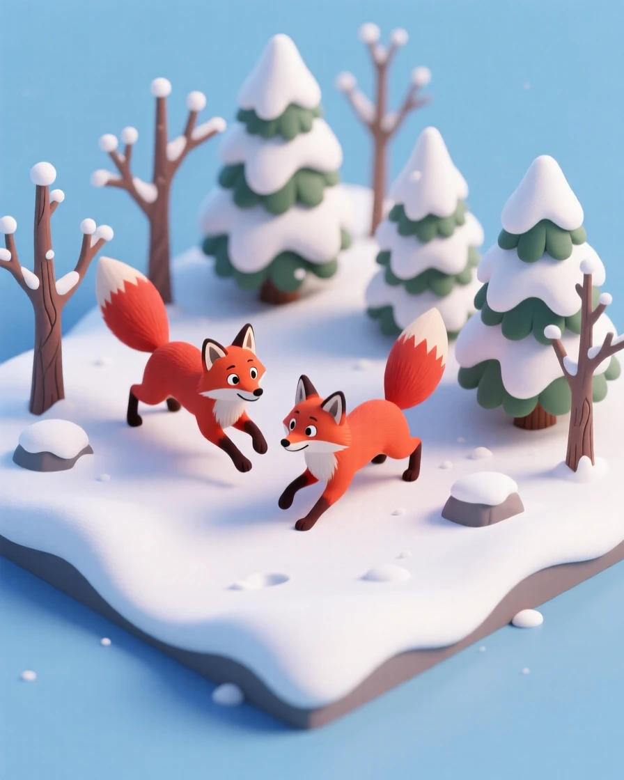 A pair of red foxes playing in a snow-covered forest, their bright fur a vivid contrast against the white landscape.