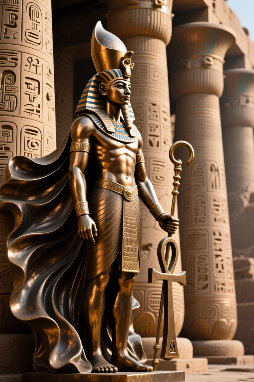An egyptian pharaoh standing before towering pillars, amid a swirl of dramatic drapery, forming a strong central focal point