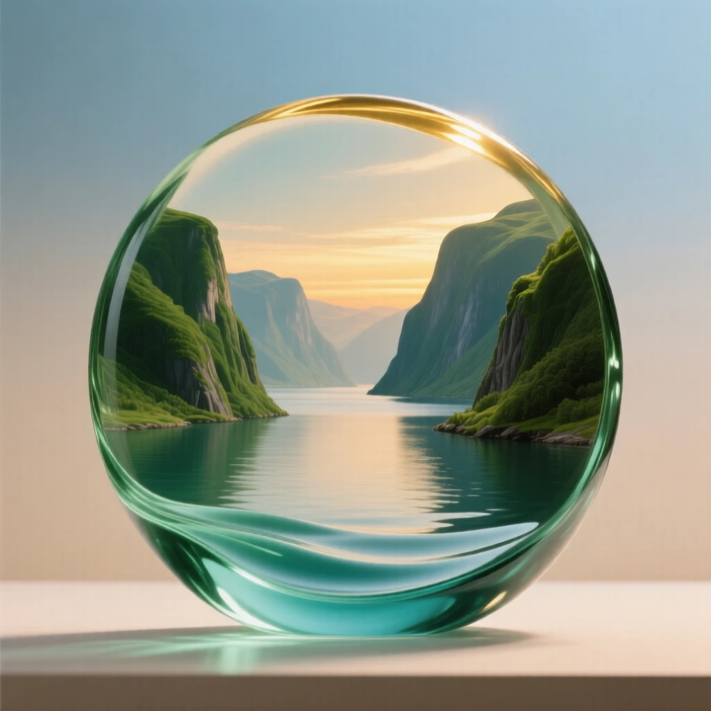 A fjord surrounded by steep green cliffs, captured in soft golden light with layers of atmospheric depth, evoking peace and quiet grandeur.
