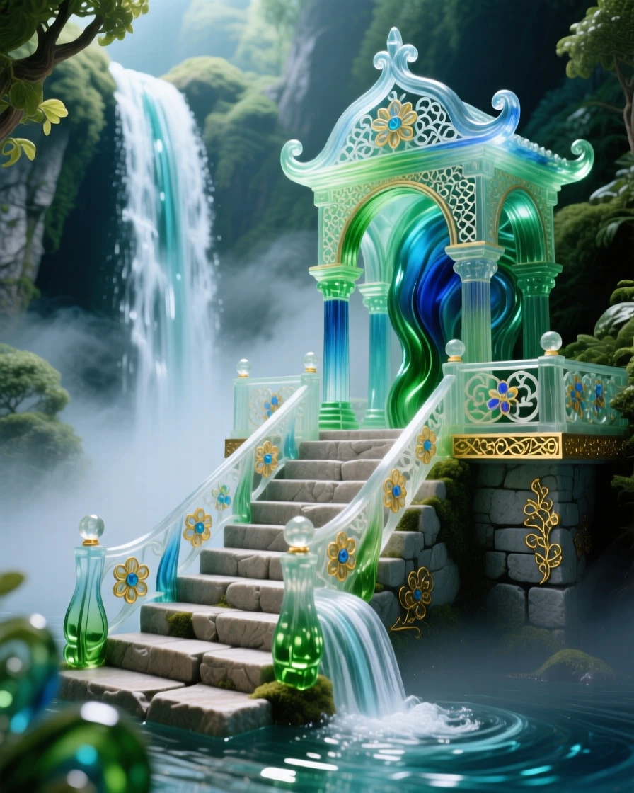 A hidden waterfall temple with mist rising around ancient stone steps, mystical and serene.