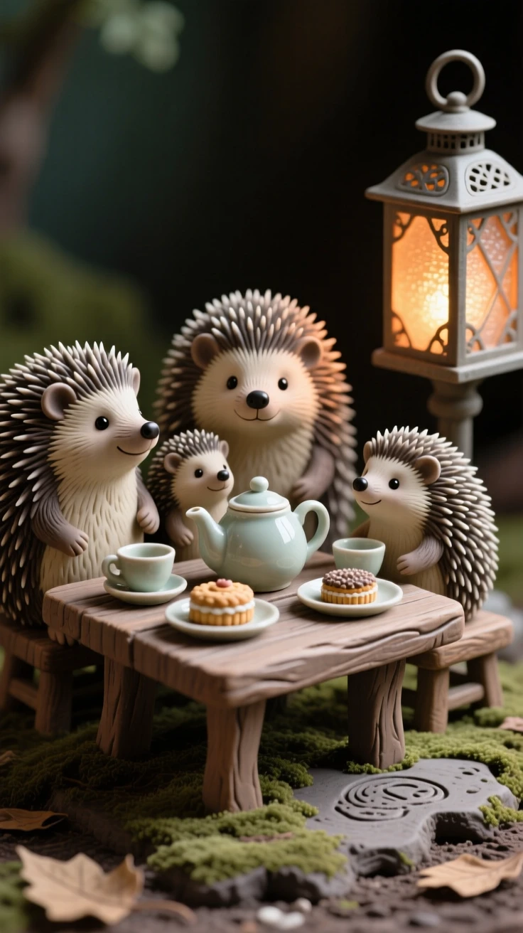 A family of hedgehogs having a tea party frozen in a scene of cozy togetherness, with warm lantern light glowing softly nearby, conveying pure, heartwarming whimsy.