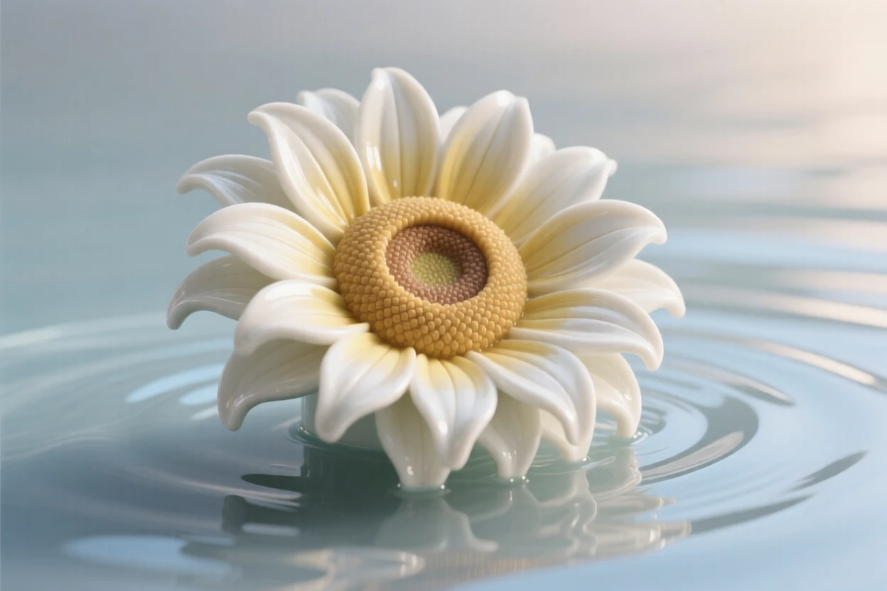 A single sunflower floating on still water, glowing softly in gentle morning light.