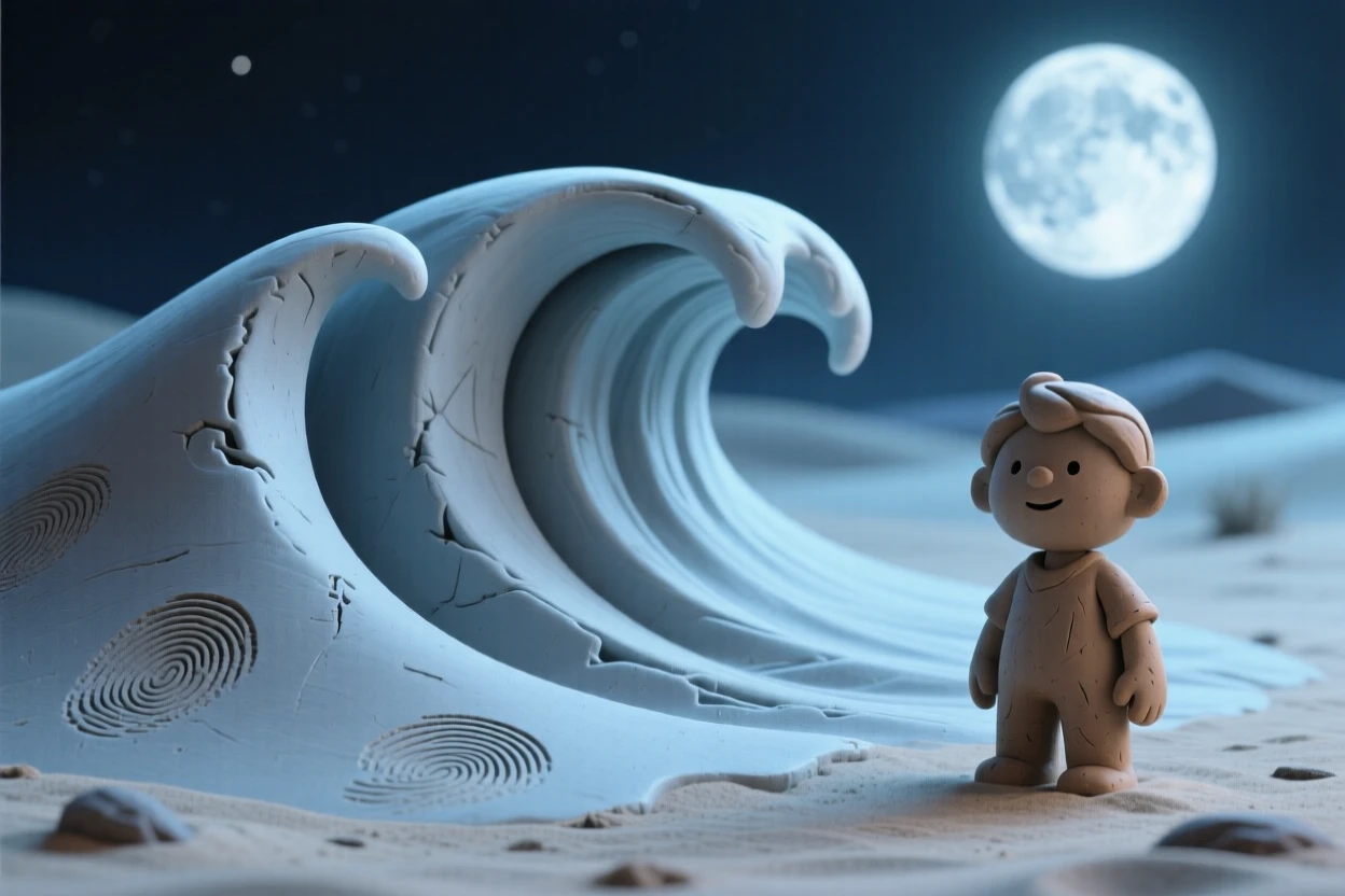A moonlit desert dune rippling like frozen waves
