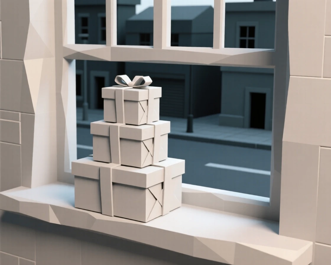 A stack of wrapped gifts tied with ribbon, on a windowsill overlooking a quiet street. the composition uses a balanced, classic still-life arrangement. It evokes a feeling of gentle nostalgia.