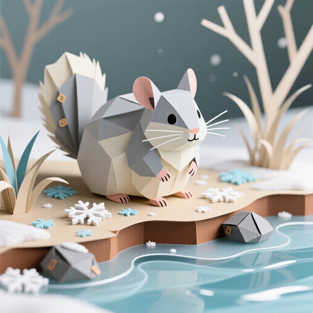A fluffy chinchilla basking on a warm riverbank, with fresh snowflakes settling on its coat, evoking cozy, heartwarming charm.