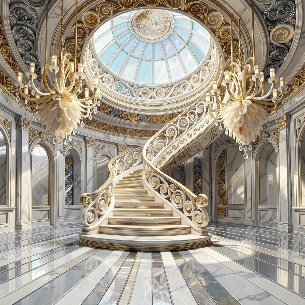 A sophisticated luxury scene of a grand staircase spiraling beneath a domed skylight in a grand ballroom lit by chandeliers, with a subtle metallic gold shimmer, composed with glossy reflective surfaces throughout.