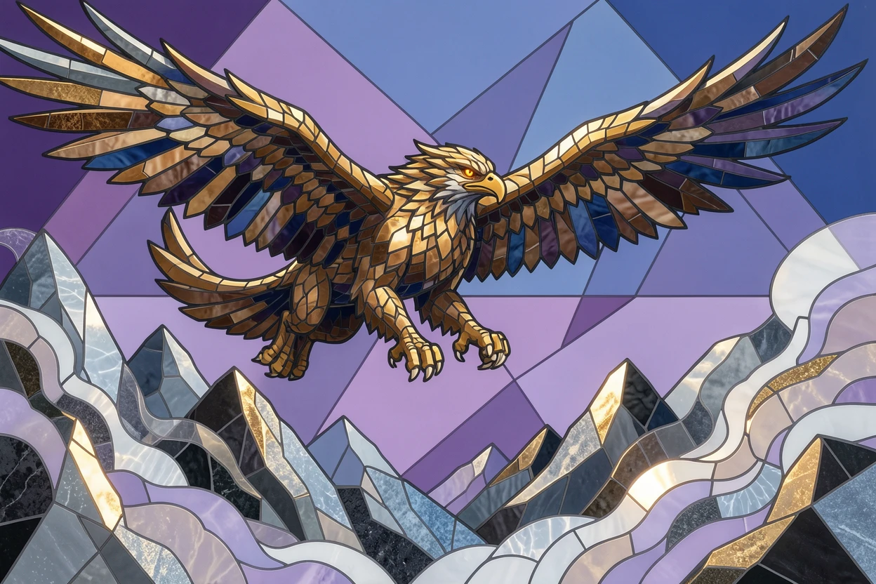 An epic fantasy scene of a griffin soaring above a dramatic fantasy mountain range, with swirling mist and glowing highlights.
