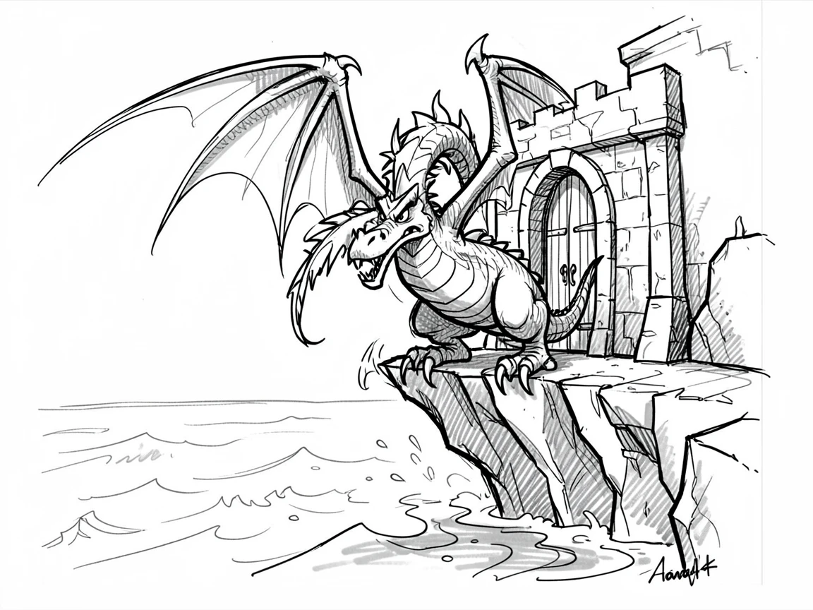 A dragon guarding a castle gate on a cliffside overlooking the sea.