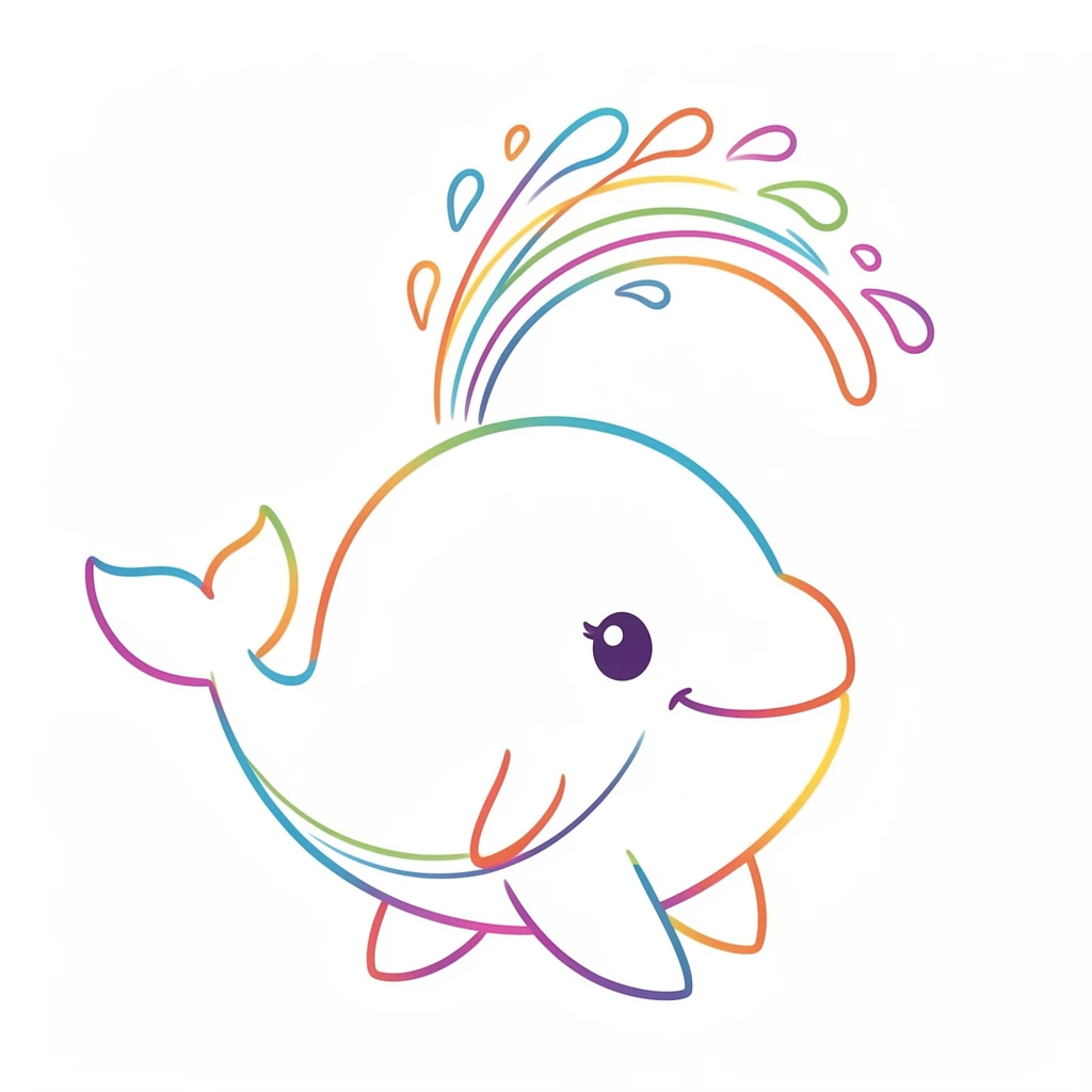 A chubby baby whale character spouting a rainbow-colored splash of water.
