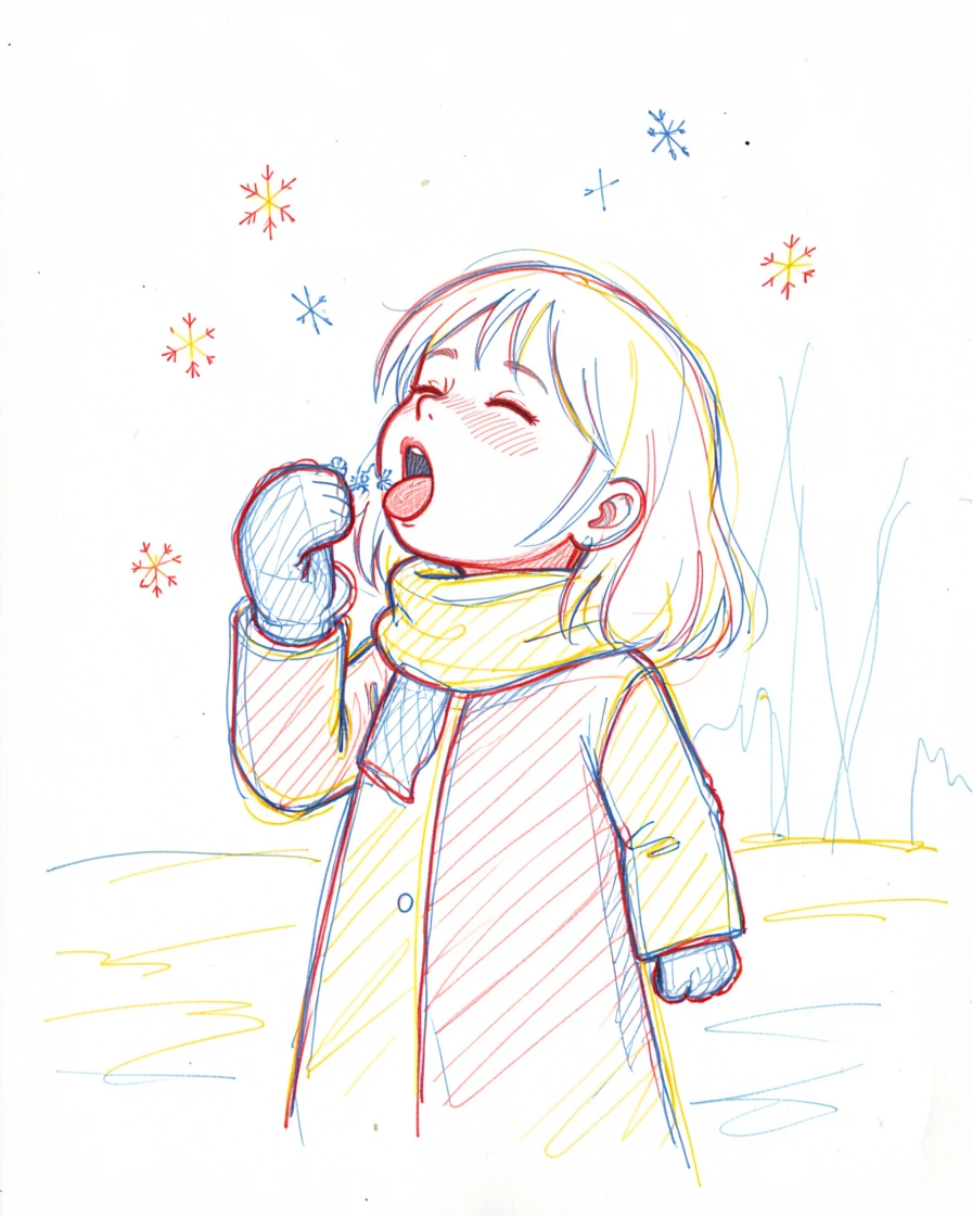 A little girl trying to catch snowflakes on her tongue