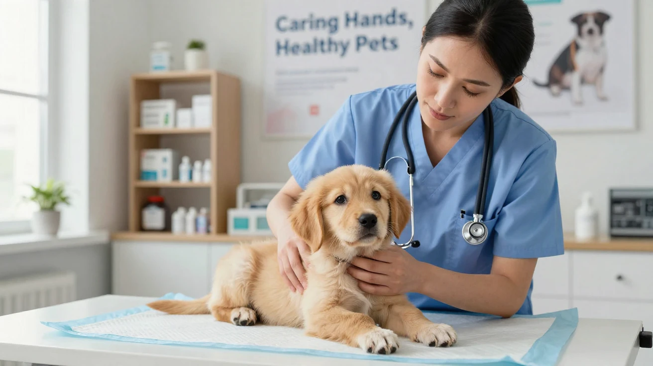 A veterinarian gently examining a nervous puppy