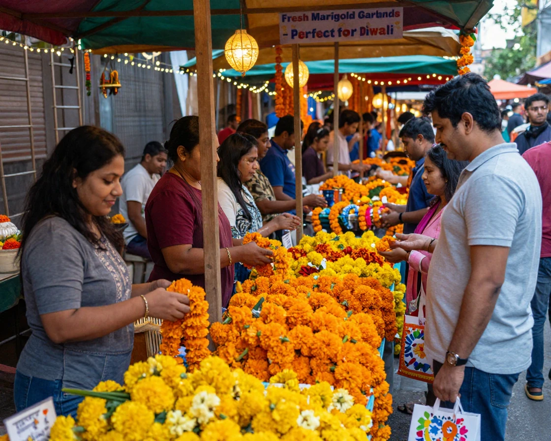 Market stalls overflow with marigold garlands during a festival of lights celebration.