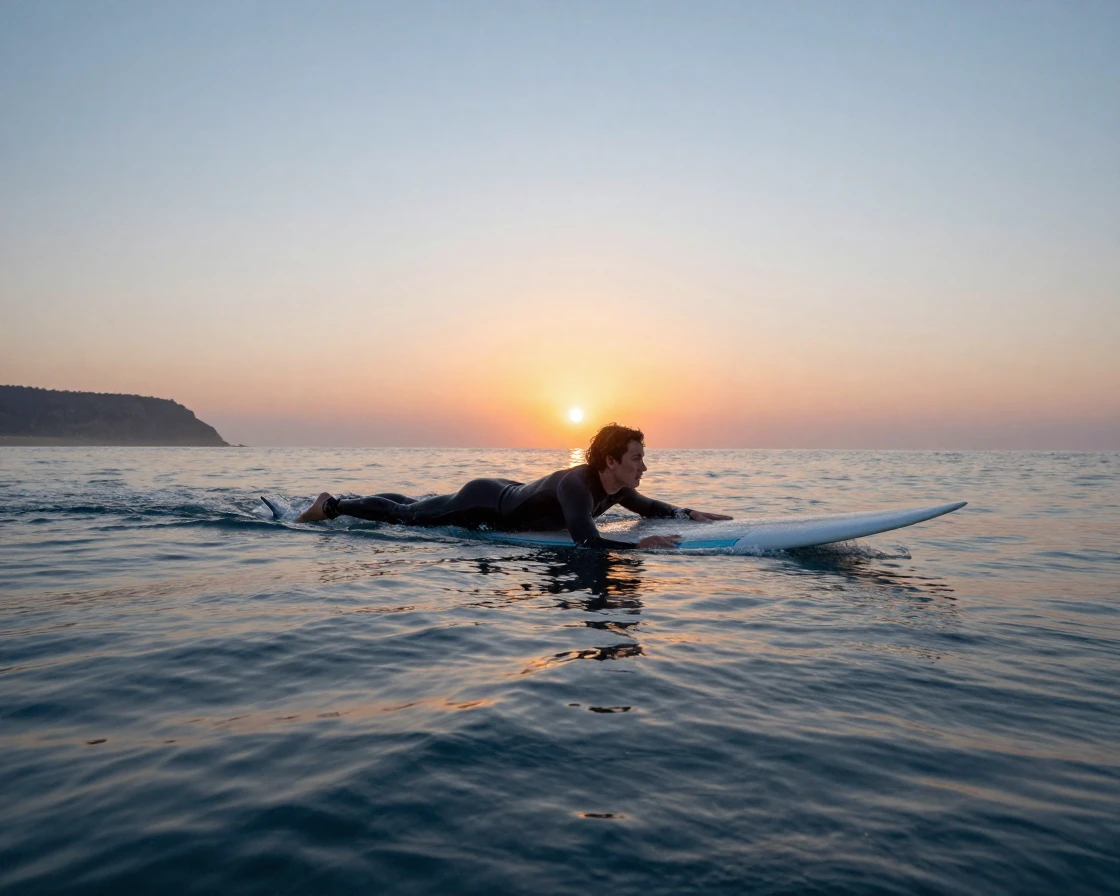 A surfer paddling out toward the horizon as the sun rises over the ocean