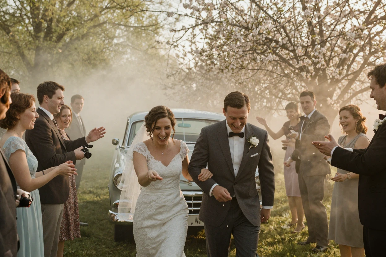 Guests tossing rice as newlyweds run toward a waiting car, under soft golden-hour light, in thick rolling fog, as spring blossoms unfurl, with deep emerald greens and browns, in a tight close-up.