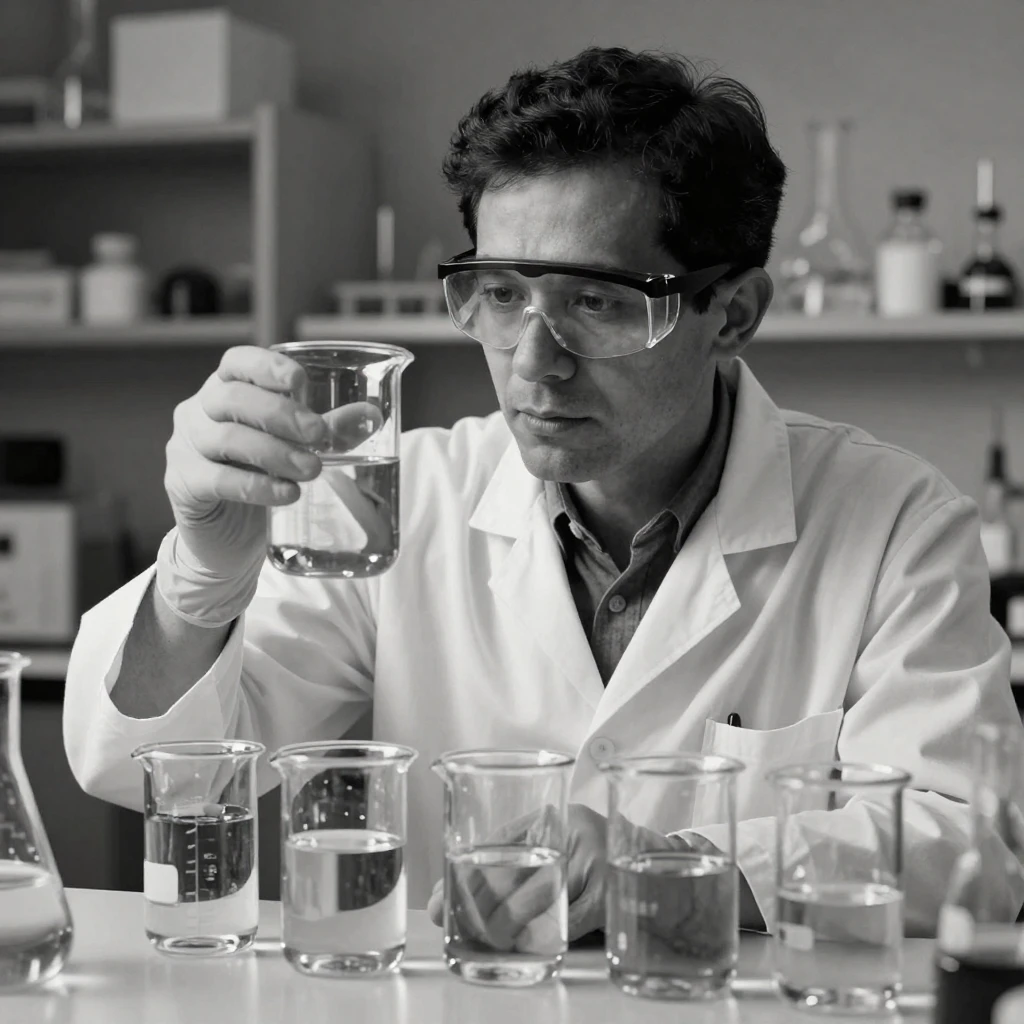 A chemist watches a solution change color beside a row of glass beakers.