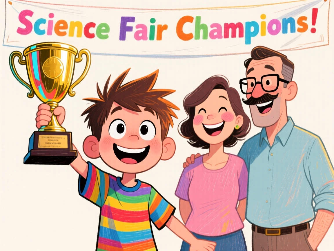 A young boy proudly displaying his science fair trophy to his beaming parents.