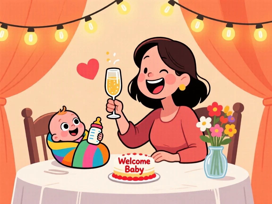 A heartwarming scene of a mother and her newborn celebrating with a toast around the dinner table, under a canopy of string lights.