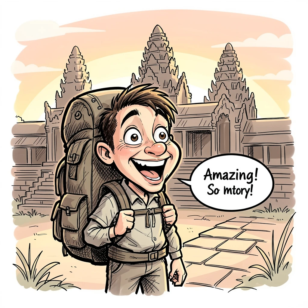 [Travel & Cultural Experiences] Vivid travel scene of a backpacker admiring ancient temples in Angkor Wat at sunrise, full of wonder and adventure