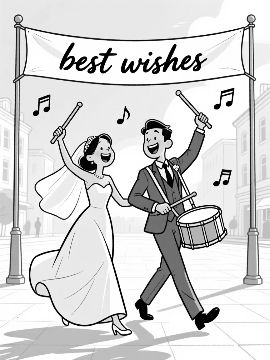 A joyful bride and groom mid-laugh during their first dance, marching proudly with drumsticks raised high, set in a sunny plaza filled with music. A hand-painted banner reads best wishes in flowing script. The image feels like a snapshot of pure, collective happiness.