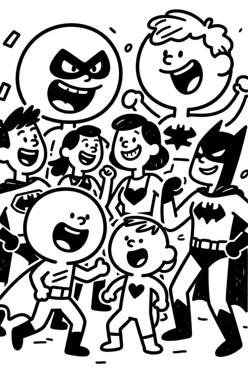 A costume party scene with friends dressed as superheroes, laughing together.