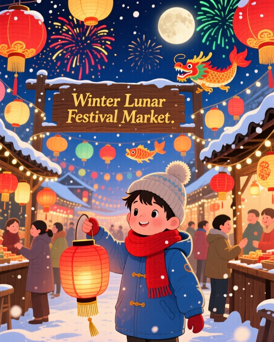 A boy carrying a lantern gather in a sparkling winter market, hanging paper lanterns for a Lunar New Year celebration, with fireworks bursting in the sky above.