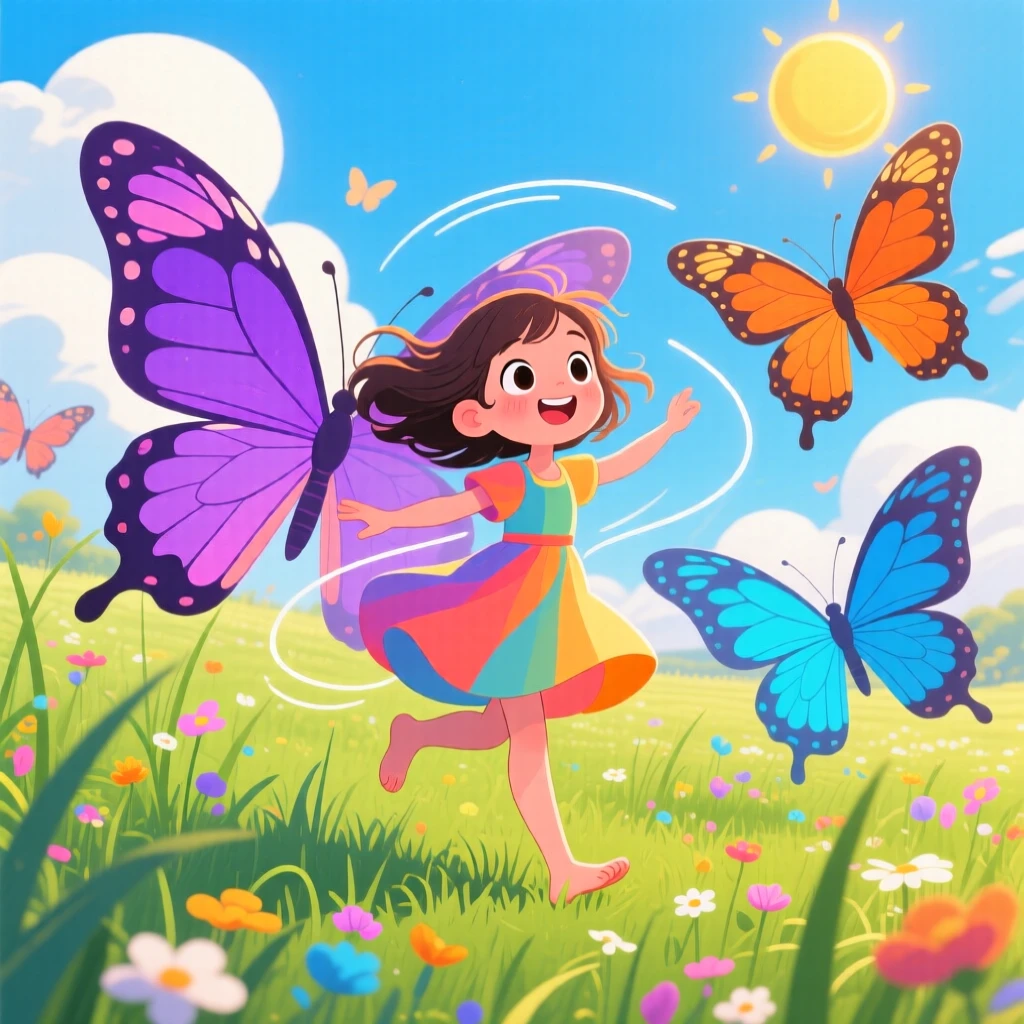A girl dreaming of dancing among giant butterflies in a meadow.