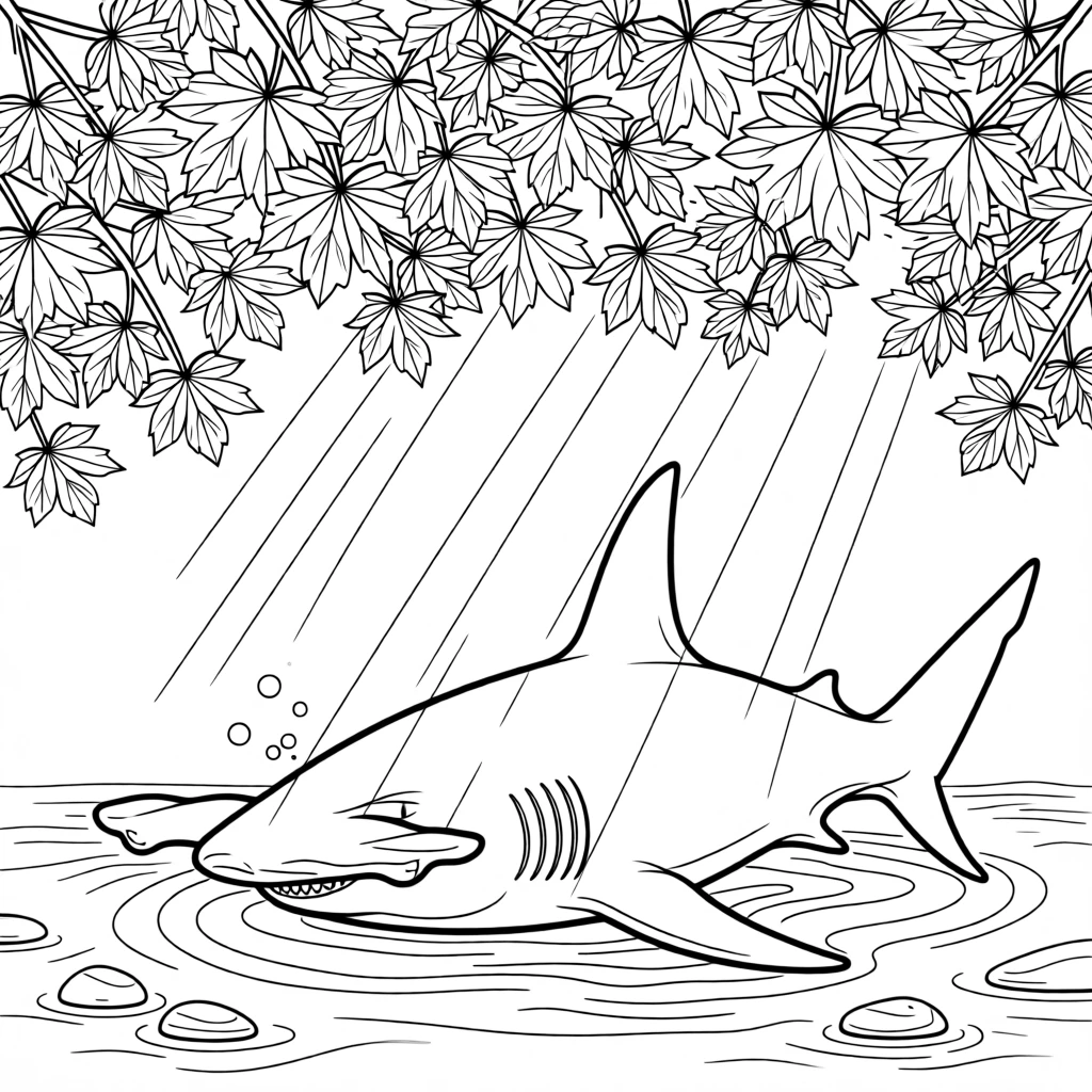 A hammerhead shark resting beneath a canopy of autumn leaves, with sunlight breaking through the canopy above.