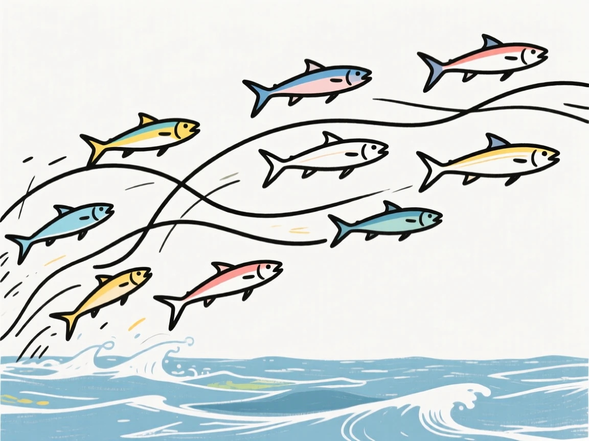 A flock of flying fish leaping above the ocean surface.