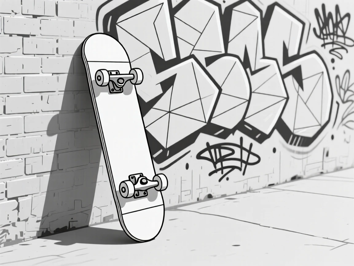 A skateboard resting against a graffiti-covered wall