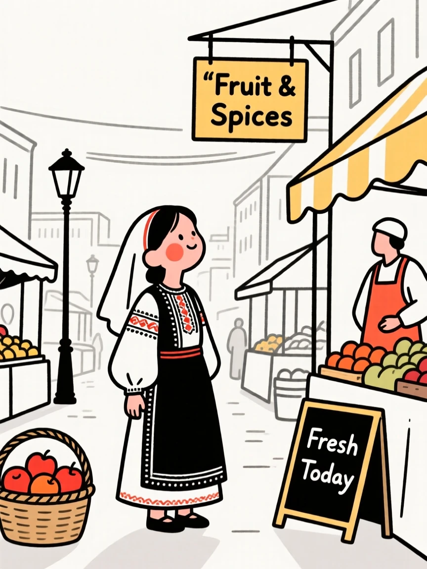 A young girl of Turkish heritage wearing a Greek folk costume, looking hopeful toward the horizon, in a bustling city market.