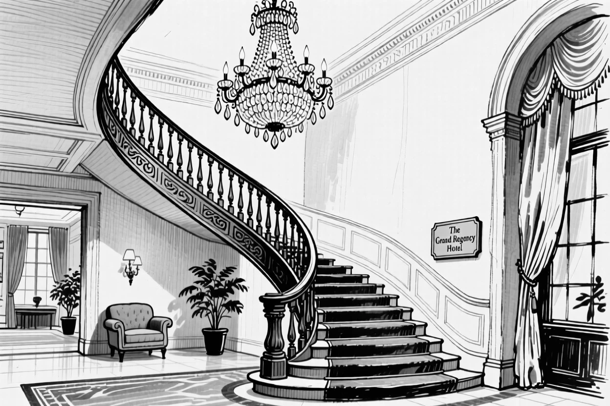 A grand hotel lobby with a sweeping staircase and crystal chandelier.