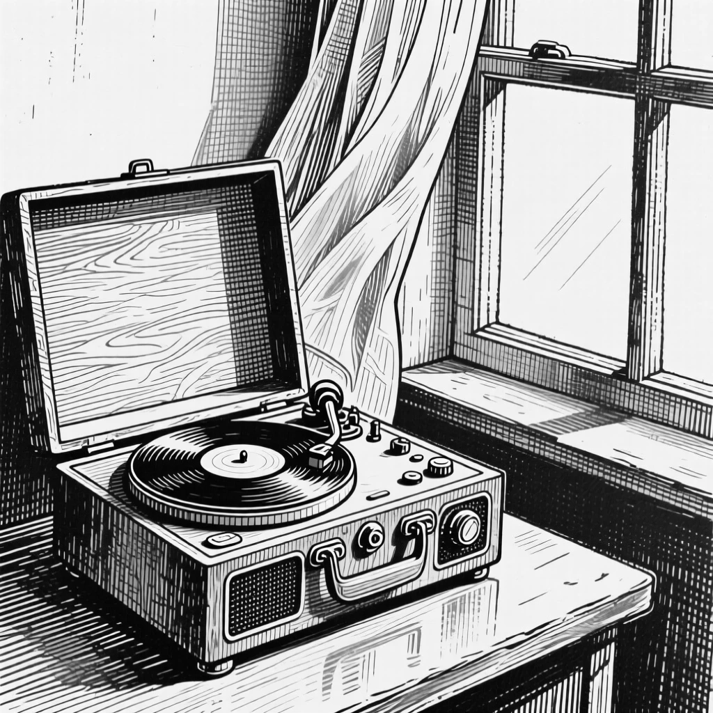 A vintage record player placed near an open window with curtains drifting, with a faint reflection visible on its surface, forming a refined and understated still-life study.