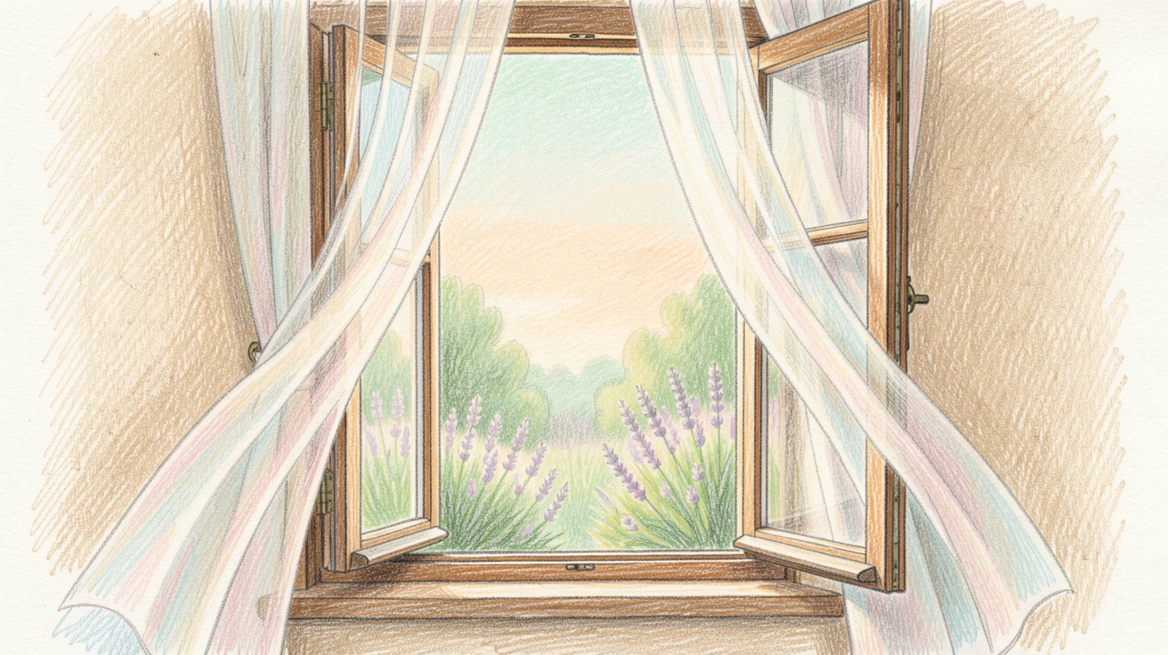 An open window with curtains drifting in a gentle breeze, with gentle, harmonious colors throughout the scene, perfect for a calming, meditative atmosphere.