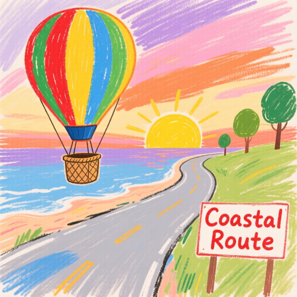 A hot air balloon traveling along a coastal road at sunset.