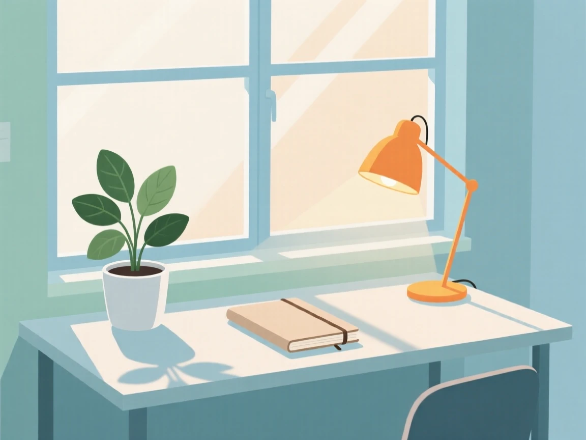A minimalist workspace with a plant, notebook, and warm lamp light, placed near a large window with morning light streaming in, composed with a relaxed, candid feel, with gentle pastel tones evoking calm and comfort.