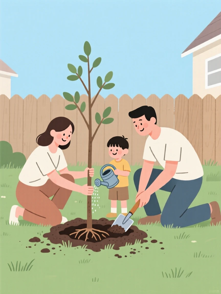 A family planting a tree together in their backyard.