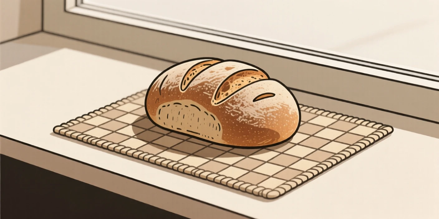 A close-up of loaf of crusty bread arranged beside a woven placemat in a café windowsill, full of fresh vibrance.
