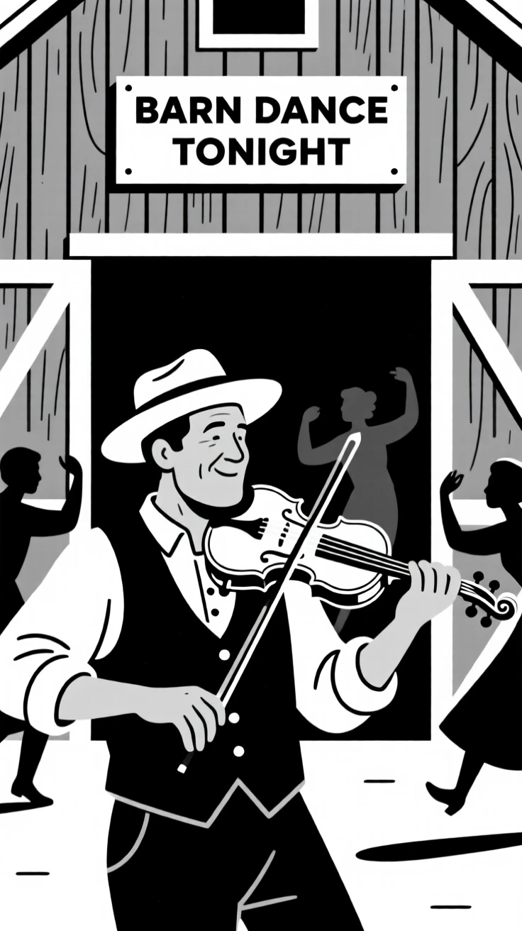A folk musician playing a fiddle at a barn dance.