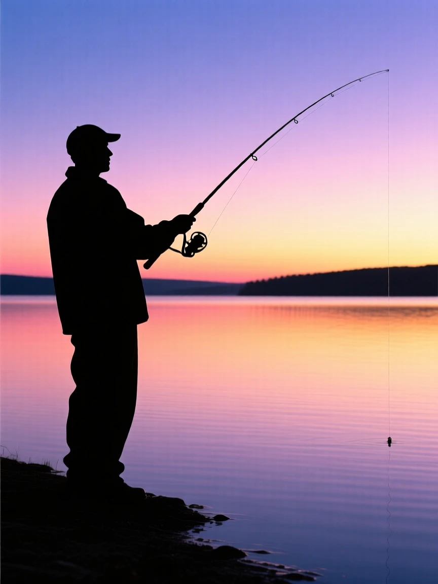 A fisherman casting a long line across a still lake at dawn.