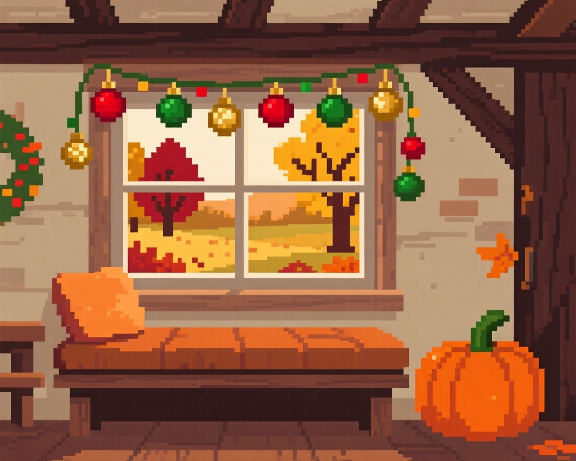 A window seat decorated for the holidays with tiny ornaments, in a countryside cottage during autumn.