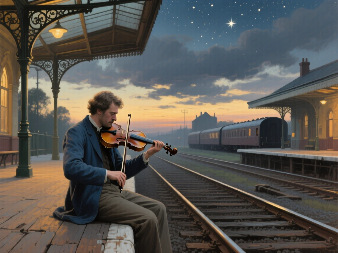A balanced composition of a musician playing a farewell song on a quiet railway platform, in late afternoon, under a canopy of stars.