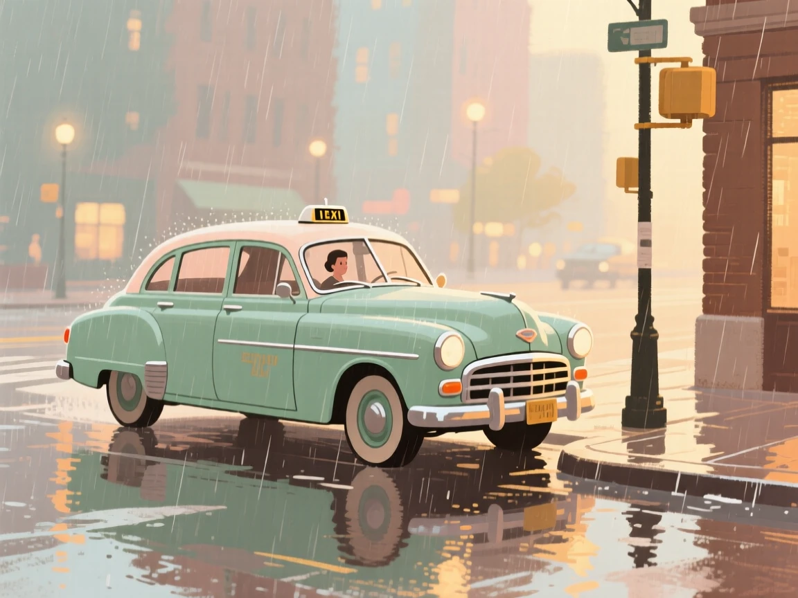 A vintage taxi cab waiting on a rain-slicked city street corner