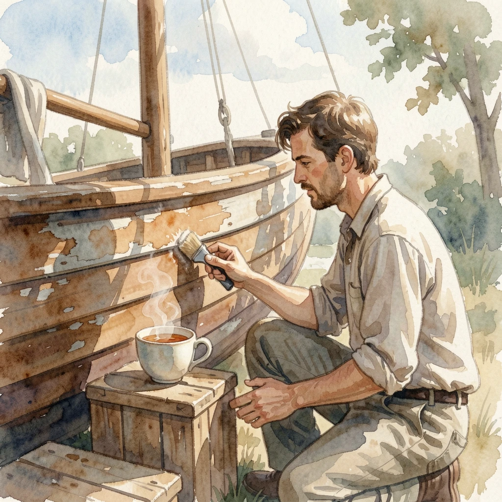 A man restoring an old wooden sailboat with a warm cup of tea nearby.