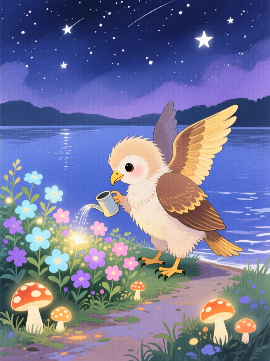 A tiny baby griffin waters a garden of luminous flowers in a starlit lakeshore, with glowing mushrooms lighting the path