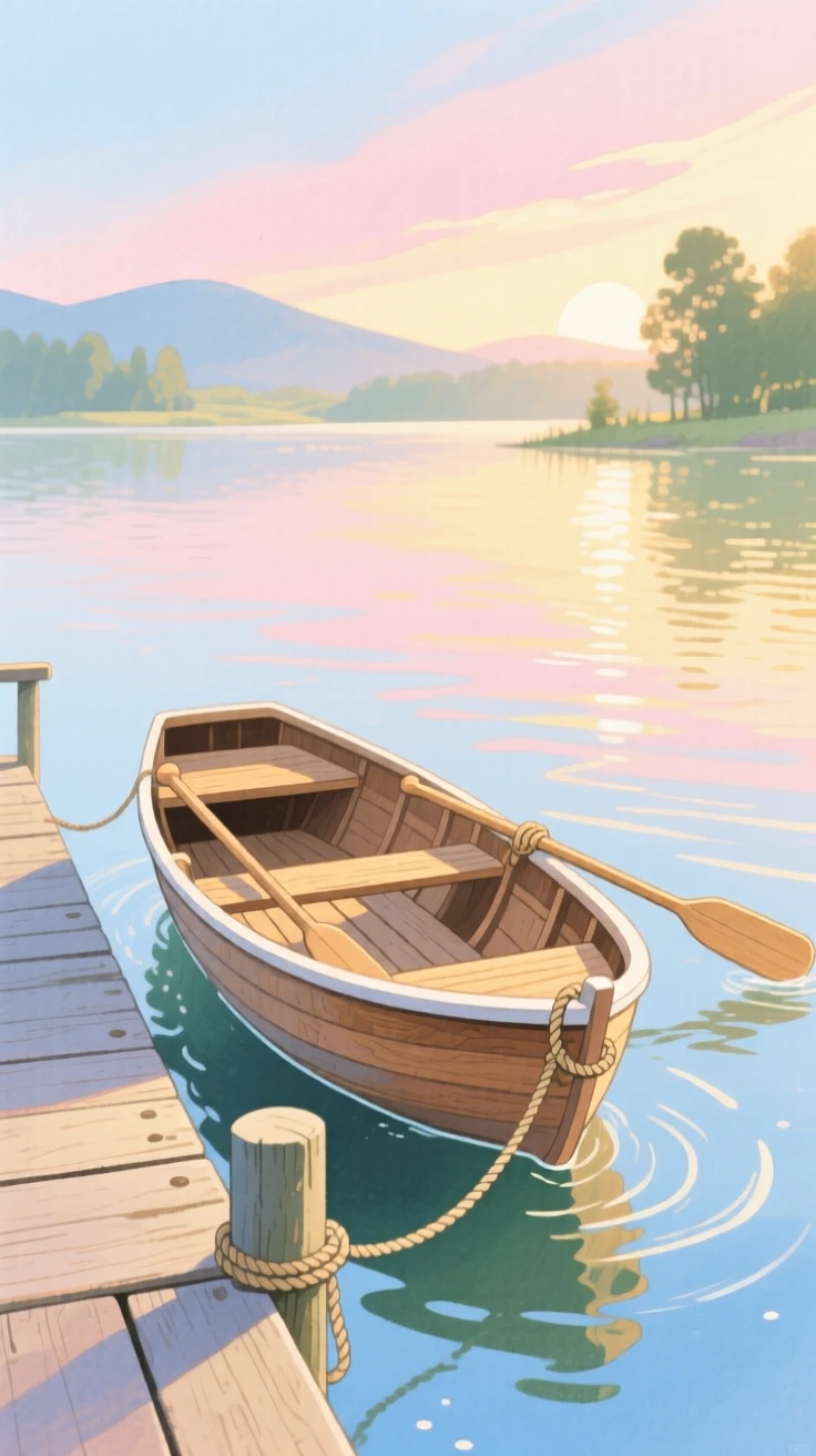 A rowboat tied at a quiet dock at dawn, peaceful and full of gentle motion.