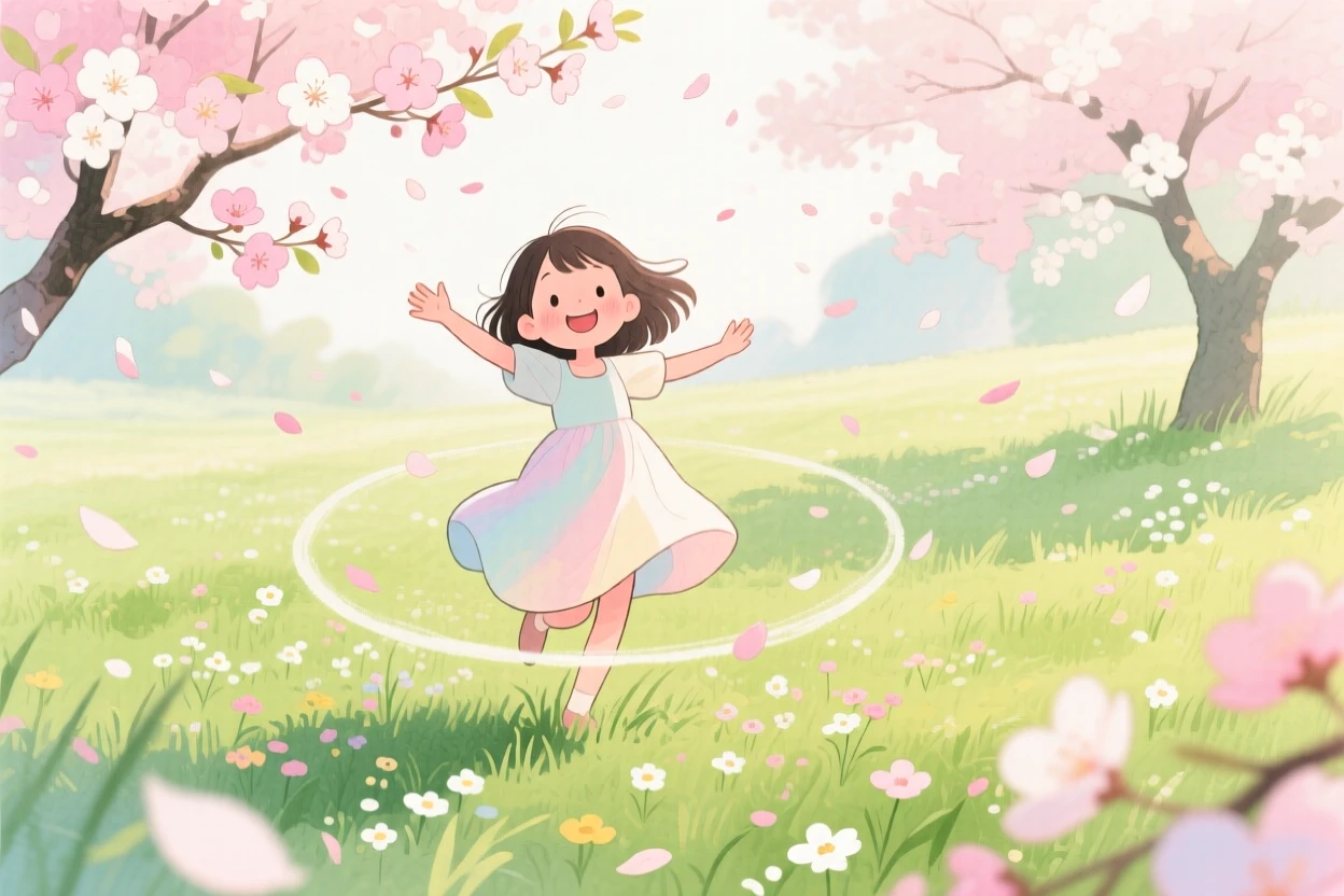 A shy young girl spinning in circles with arms outstretched in a field, in a blossoming cherry tree garden, brimming with carefree happiness.